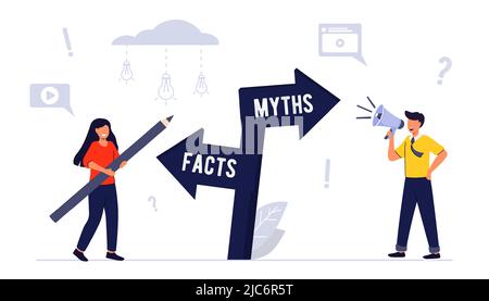 Myths and facts Information accuracy in flat tiny persons concept Businessman and directional sign of facts versus myths Verify rumors scene. Fake new Stock Vector
