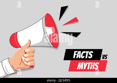 Myths vs facts Vector illustration on white background Thin line speech bubbles with facts and myths Male hand holding megaphone with Myths vs facts s Stock Vector