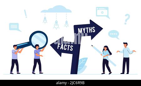 Myths and facts Information accuracy in flat tiny persons concept Businessman and directional sign of facts versus myths Verify rumors scene. Fake new Stock Vector