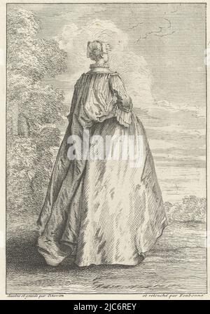 Standing lady, seen from behind, turned slightly to the right, dressed according to the French fashion of 1725. She wears a 'robe a la Watteau' which she holds up from behind with her right hand. On the left a group of trees, Fashion and Elegance: French Fashions of the 1720s Standing lady looking out over landscape French figures (series title) Figures Françoises (series title), print maker: François Octavien, (mentioned on object), François Octavien, (mentioned on object), print maker: Quiryn Fonbonne, (mentioned on object), Paris, 1725, paper, etching, engraving, h 161 mm × w 110 mm Stock Photo