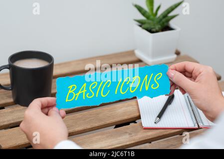 Sign displaying Basic Icons. Word for pictogram or ideogram displayed on a computer screen or phone -47958 Stock Photo