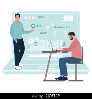 Vector illustration Programming languages learning. Software coding courses, website development class, script writing. IT programmers. Training Dista Stock Vector