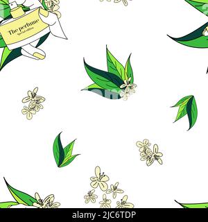 Background seamless pattern with a bottle of perfume in the hands of a girl and flowers with leaves. Stock Vector