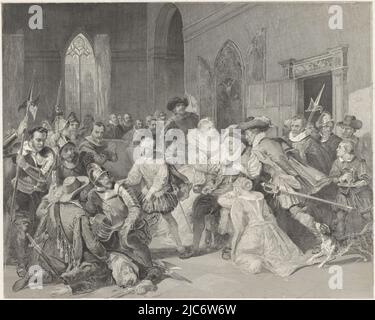 Assault of Jean de Jauregui on Prince William I, 18 March 1582 in Antwerp. Interior showing the prince sitting wounded in a chair, with family and others around him. To the left on the floor is the body of the slain Jean de Jauregui. Maurice asks the soldiers to examine him., Attack of Jean de Jauregui on Prince William I, 18 March 1582, print maker: Johann Wilhelm Kaiser (I), after: Nicolaas Pieneman, (mentioned on object), Amsterdam, 1853, paper, etching, engraving, h 415 mm × w 490 mm Stock Photo