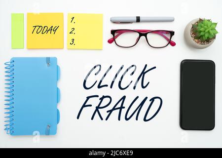 Conceptual display Click Fraud. Business idea practice of repeatedly clicking on advertisement hosted website Flashy School Office Supplies, Teaching Stock Photo