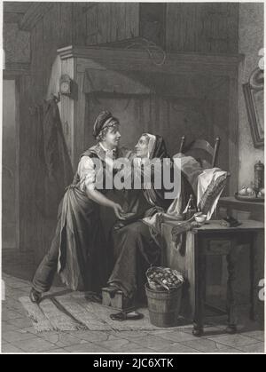 In a farmhouse interior, an elderly woman sits in a chair, with a pillow in her back and her foot on a stove. She embraces a young man, who holds in his hand several coins, which fall into her lap, Young man shows a handful of coins to a seated woman The first week's wages , print maker: Hendrik D. Jzn Sluyter, (mentioned on object), after: Moritz Calisch, (mentioned on object), printer: J.F. Brugman, (mentioned on object), Amsterdam, 1865 - 1879, paper, etching, engraving, h 650 mm × w 470 mm Stock Photo