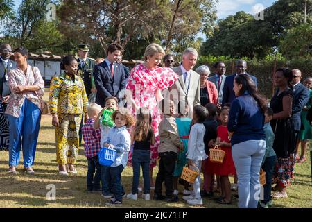 DR Congo. 10th June, 2022. Minister for Development Cooperation Meryame Kitir (L) , State Secretary for scientific policy Thomas Dermine (3L), Queen Mathilde of Belgium and King Philippe - Filip of Belgium pictured during a visit to the 'Ecole Belge' private school in Lubumbashi, during an official visit of the Belgian Royal couple to the Democratic Republic of Congo, Friday 10 June 2022. The Belgian King and Queen will be visiting Kinshasa, Lubumbashi and Bukavu from June 7th to June 13th. BELGA PHOTO NICOLAS MAETERLINCK Credit: Belga News Agency/Alamy Live News