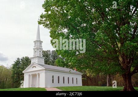 The beautify vintage Martha-Mary Chapel at the historic Wayside Inn. Image was captured on analog film. Sudbury, Massachusetts USA. Stock Photo