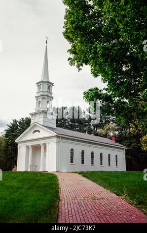 The beautify vintage Martha-Mary Chapel at the historic Wayside Inn. Image was captured on analog film. Sudbury, Massachusetts USA. Stock Photo