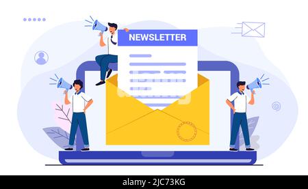 Subscribe now to our newsletter vector illustration with tiny people working with envelope and newsletter Buttons template Subscribe, submit Send by m Stock Vector