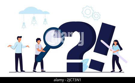 Q and A or FAQ concept with tiny people character Big question mark Frequently asked questions template Business decision making doubt about options c Stock Vector