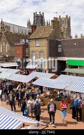 Ely Cambridgeshire UK; people shopping in Ely market with Ely cathedral in the background, Ely city centre, on a sunny day in summer, UK Stock Photo