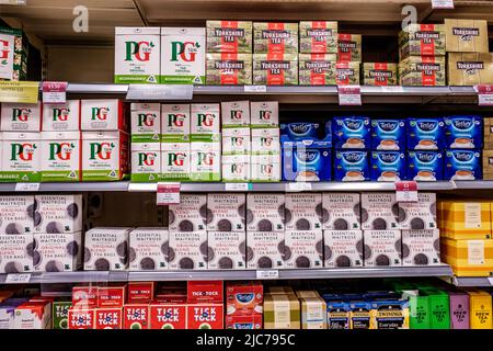 Epsom Surrey, London UK, June 10 2022,  Supermarket Shelf With Boxes Of Tea Bags Stock Photo