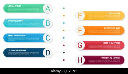 Rectangles with rounded corners and option in circle - eight items in different color, can be used as infographics element Stock Vector