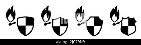 Burning match icon behind shield, different versions. Protection from fire concept Stock Vector