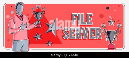 Conceptual caption File Server. Word for device which controls access to separately stored data Man pointing finger holding trophy cheering reaching Stock Photo