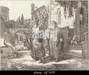 Abraham stands before his house and sends Hagar and Ishmael away. Ishmael holds a walking stick, Hagar dries her tears with a handkerchief. Behind Abraham, Sara stands in the doorway, Hagar and Ishmael disowned by Abraham, print maker: Reinier Vinkeles (I), Gerbrand van den Eeckhout, Amsterdam, 1751 - 1816, paper, etching, h 199 mm × w 231 mm Stock Photo