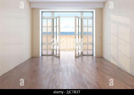 Unfurnished Hotel Room with Sea View near the Beach. Empty Room with Open Doors Overlooking the Ocean, Yellow Sand and Clouds. Dark Parquet Flooring and a Beige Stucco Walls. 3d rendering. 8K Ultra HD Stock Photo