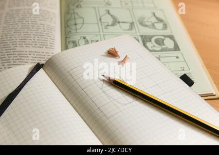 Close-up of a notepad on which someone has drawn a pencil sketch copied from the original shown in the background Stock Photo