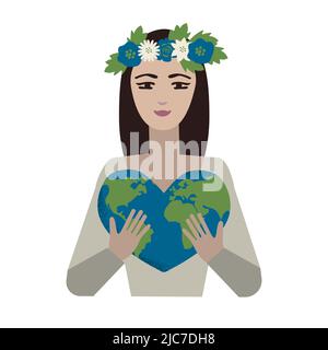 Girl with heart shaped earth illustration Stock Vector