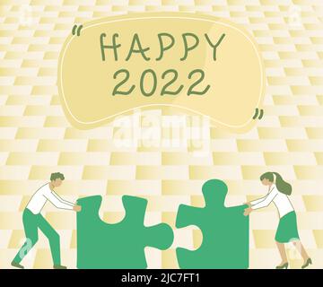 Text showing inspiration Happy 2022. Conceptual photo time or day at which a new calendar year begin from now Colleagues Conencting Two Pieces Jigsaw