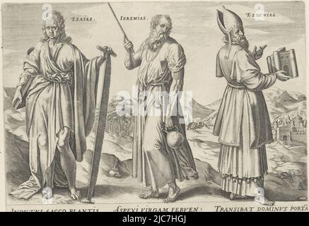 The prophets Isaiah, Jeremiah and Ezekiel stand side by side in a landscape. Isaiah holds a book under his arm and holds a saw in his hand, Jeremiah holds a staff and jug in his hands, Ezekiel holds the temple, which he saw in a vision. Below the representation notes in Latin. Isaiah, Jeremiah and Ezekiel Twelve prophets Thesaurus sacrarum historiarum veteris testamenti Theatrum biblicum , Jan Snellinck (I), print maker: anonymous, publisher: Gerard de Jode, publisher: Antwerp, publisher: Amsterdam, 1579 and/or 1585 - 1643, paper, engraving, h 216 mm × w 279 mm Stock Photo