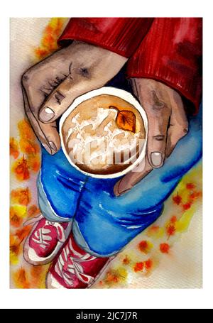 Watercolor autumn illustration of hands holding a cup of coffee and fallen leaves in hygge style Stock Photo