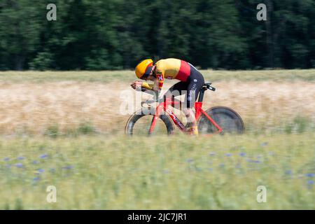 Montbrison, France. 08th June, 2022. Tobias Halland Johannessen (Uno-X Pro Cycling Team) seen in action during the 4th Stage of Criterium du Dauphine 2022 This is an individual time trial stage with a distance of 31.9 km between Montbrison and La Bâtie d'Urfé in the Loire department. The winner of the stage was Filippo Ganna (Ineos Grenadiers Team) in 35mn 32s. He is ahead of Wout Van Aert (Jumbo Visma Team) (Photo by Laurent Coust/SOPA Images/Sipa USA) Credit: Sipa USA/Alamy Live News Stock Photo