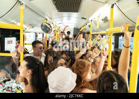 Tel Aviv Yafo, Israel - June 10, 2022. Young people in overcrowded bus Stock Photo
