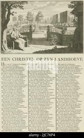 View of a French garden with gardeners at work and a country house. In the foreground a man, pointing to a rose bush, a reference to Mary who was free of sins. To the right in the foreground two beehives and to the left in the foreground ants crawling out of a tree trunk, a reference to the man's virtuous, industrious life. Below the scene, in three columns, a poem in Dutch, A man in his garden A Christian on his farm , print maker: Jan Caspar Philips, (mentioned on object), Jan Caspar Philips, (mentioned on object), Claes Bruin, (mentioned on object), Amsterdam, 1736 - 1775, paper, etching Stock Photo