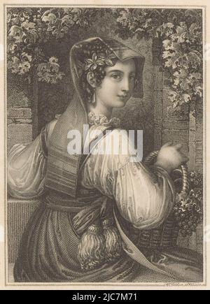 Young woman with a basket of grapes Chiarina , print maker: Franz Xaver Stöber, (mentioned on object), Vienna, 1805 - 1858, paper, etching, h 130 mm - w 87 mm Stock Photo