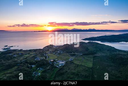 Sunset over Silversands Beaches and Silver Sands of Morar from a drone, Scotland, UK Stock Photo