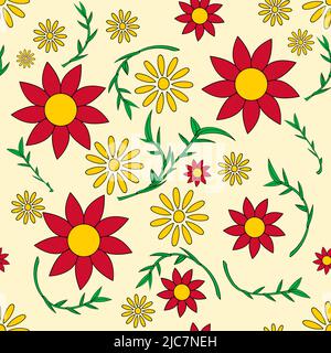 Red and yellow garden flowers in a seamless repeat grid pattern - Vector Illustration Stock Vector