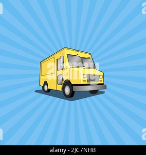 Yellow food truck with a blue background with light rays - Vector Illustration Stock Vector