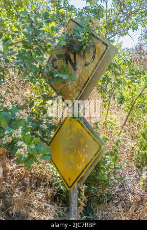 A yellow, weathered 'End of Road' sign partially covered by foilage in Santa Barbara County, California. Stock Photo