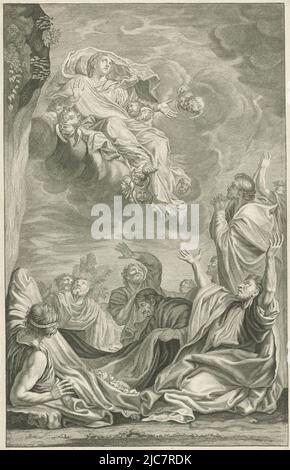 Mary seated on a cloud and carried to heaven by cherubs. Around Mary's tomb the gathered apostles praying for her soul and looking up to heaven. Ascension of Mary, print maker: Bernard Picart, (possibly), 1683 - 1733, paper, etching, engraving, h 313 mm × w 200 mm Stock Photo