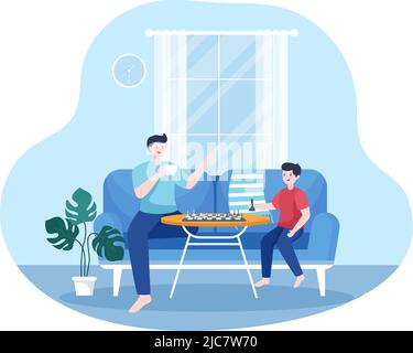 Chess Board Game Cartoon Background Illustration with Two People Sitting Across From Each Other and Playing for Hobby Activity in Flat Style Stock Vector