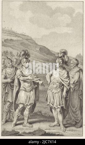 Scipio and Hannibal, the army commanders of Rome and Carthage, meet prior to the battle of Zama. Negotiations come to nothing, Meeting between Scipio and Hannibal, print maker: Ludwig Gottlieb Portman, intermediary draughtsman: Jacobus Buys, Amsterdam, 1796, paper, h 222 mm × w 134 mm Stock Photo