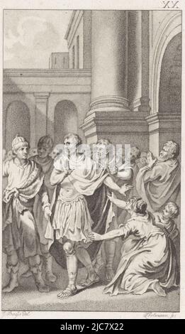The Roman army commander Regulus, true to his given word, returns to enemy Carthage after advising the Roman senate not to negotiate with the Carthaginians. There a martyrdom will await him. Marcus Atilius Regulus departs from Rome, print maker: Ludwig Gottlieb Portman, (mentioned on object), intermediary draughtsman: Jacobus Buys, (mentioned on object), Amsterdam, 1794, paper, h 217 mm × w 136 mm Stock Photo