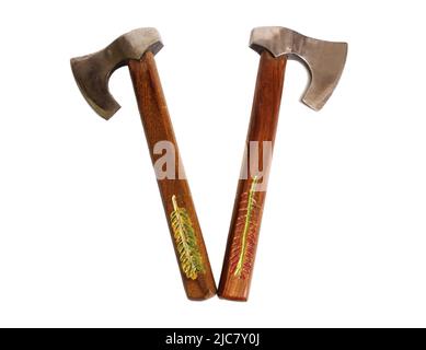 Pair of Vintage Throwing Axes Isolated on White Background Stock Photo