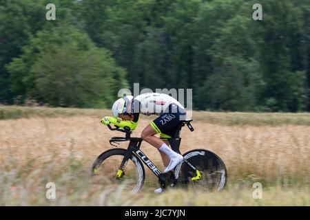 Montbrison, France. 08th June, 2022. Julius Johansen (Intermarché - Wanty - Gobert Matériaux Team) seen in action during the 4th Stage of Criterium du Dauphine 2022. The fourth stage of the Criterium du Dauphine Libere is an individual time trial with a distance of 31.9 km between Montbrison and La Bâtie d'Urfé in the Loire department. The winner of the stage is Filippo Ganna (Ineos Grenadiers Team) in 35mn 32s. He is ahead of Wout Van Aert (Jumbo Visma Team), 2nd at 2s, and Eythan Hayter (Ineos Grenadiers Team) at 17s. Credit: SOPA Images Limited/Alamy Live News Stock Photo