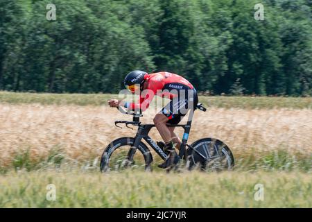 Montbrison, France. 08th June, 2022. Kamil Gradek (Bahrain - Victorious Team) seen in action during the 4th Stage of Criterium du Dauphine 2022. The fourth stage of the Criterium du Dauphine Libere is an individual time trial with a distance of 31.9 km between Montbrison and La Bâtie d'Urfé in the Loire department. The winner of the stage is Filippo Ganna (Ineos Grenadiers Team) in 35mn 32s. He is ahead of Wout Van Aert (Jumbo Visma Team), 2nd at 2s, and Eythan Hayter (Ineos Grenadiers Team) at 17s. Credit: SOPA Images Limited/Alamy Live News Stock Photo