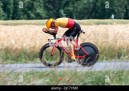 Montbrison, France. 08th June, 2022. Jonas Wilsly (Uno-X Pro Cycling Team) seen in action during the 4th Stage of Criterium du Dauphine 2022. The fourth stage of the Criterium du Dauphine Libere is an individual time trial with a distance of 31.9 km between Montbrison and La Bâtie d'Urfé in the Loire department. The winner of the stage is Filippo Ganna (Ineos Grenadiers Team) in 35mn 32s. He is ahead of Wout Van Aert (Jumbo Visma Team), 2nd at 2s, and Eythan Hayter (Ineos Grenadiers Team) at 17s. Credit: SOPA Images Limited/Alamy Live News Stock Photo