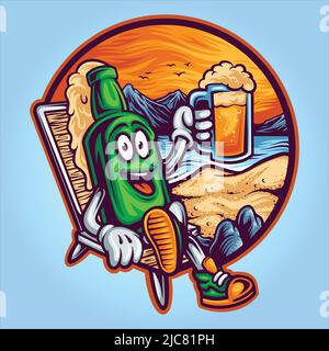 Cute summer vintage beer bottle vector illustrations for your work logo, merchandise t-shirt, stickers and label designs, poster, greeting cards Stock Vector