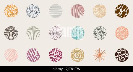 Set of hand drawn lines pattern doodle style round shapes isolated  on cream background. Vector graphic illustration Stock Vector