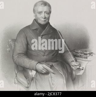 The portrayed is seated on a chair and holds a Gouda stone pipe in his left hand. In his right hand he holds a thin book. Next to him is a table with an inkstand on it and several sheets of paper. On one of the sheets is written: 'Botany' in mirror writing, Portrait of Andr. Will. Pottum, print maker: Wilhelmus Cornelis Chimaer van Oudendorp, (mentioned on object), printer: Pieter Willem Marinus Trap, (mentioned on object), print maker: Netherlands, printer: Leiden, 1853, paper, h 555 mm × w 276 mm Stock Photo