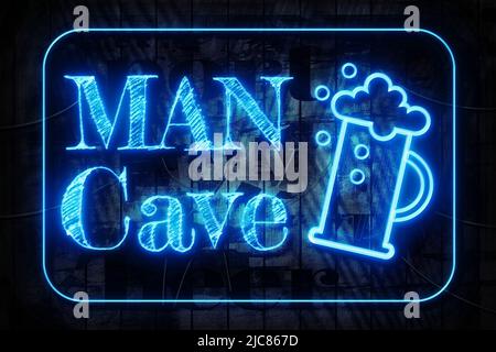 Man Cave Neon Sign on a Dark Wooden Wall Stock Photo