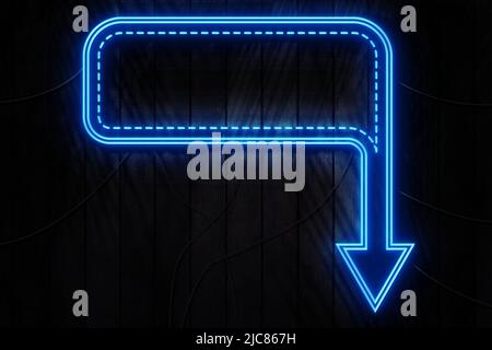 Empty Blue Neon Sign on a Dark Wooden Wall Stock Photo