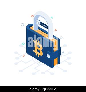 Flat 3d Isometric Locked Bitcoin Wallet. Cryptocurrency Hardware Wallet and Blockchain Technology Concept. Stock Vector