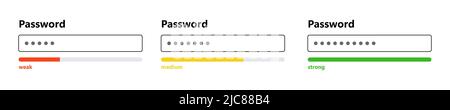 Password weak, medium and strong interface. Password form template for website. Digital security bar. Safety requirement. App design layout interface Stock Vector